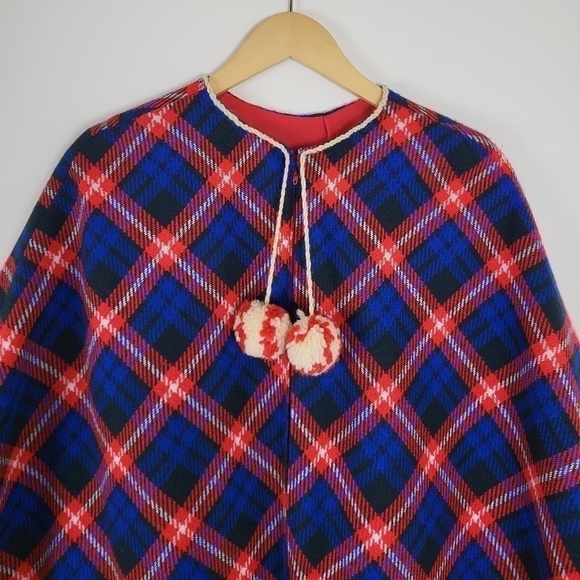 Vintage plaid poncho jacket cape fringe tassels lined warm winter zip-up - Picture 2 of 12
